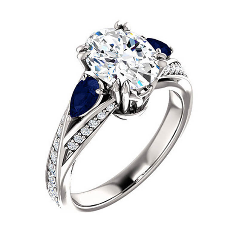 Three Stone Oval Moissanite With Pear Sapphire Split Pave Engagement Ring