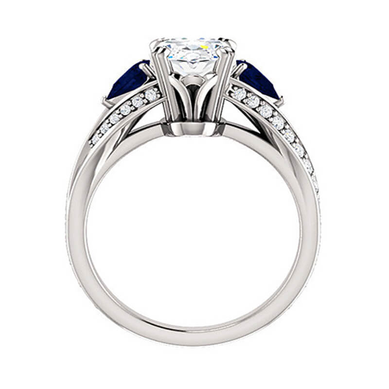 Three Stone Oval Moissanite With Pear Sapphire Split Pave Engagement Ring