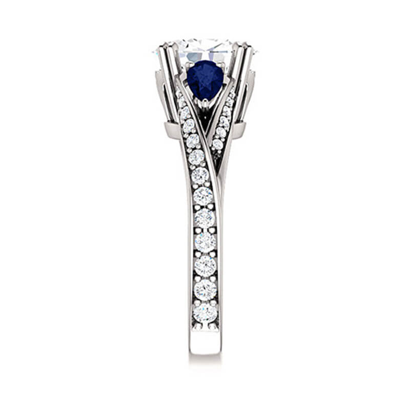 Three Stone Oval Moissanite With Pear Sapphire Split Pave Engagement Ring