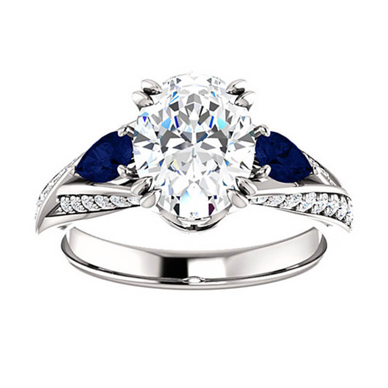 Three Stone Oval Moissanite With Pear Sapphire Split Pave Engagement Ring