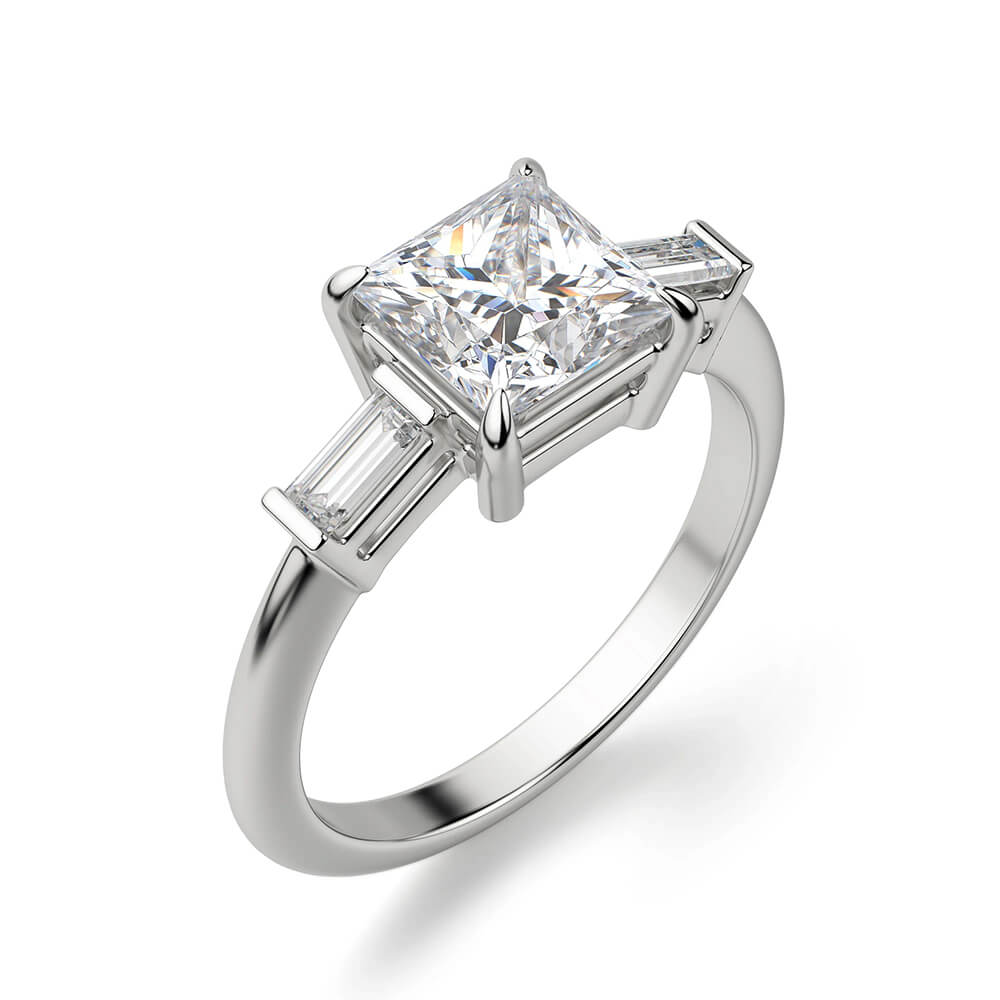 Three Stone Princess And Baguette Moissanite Engagement Ring