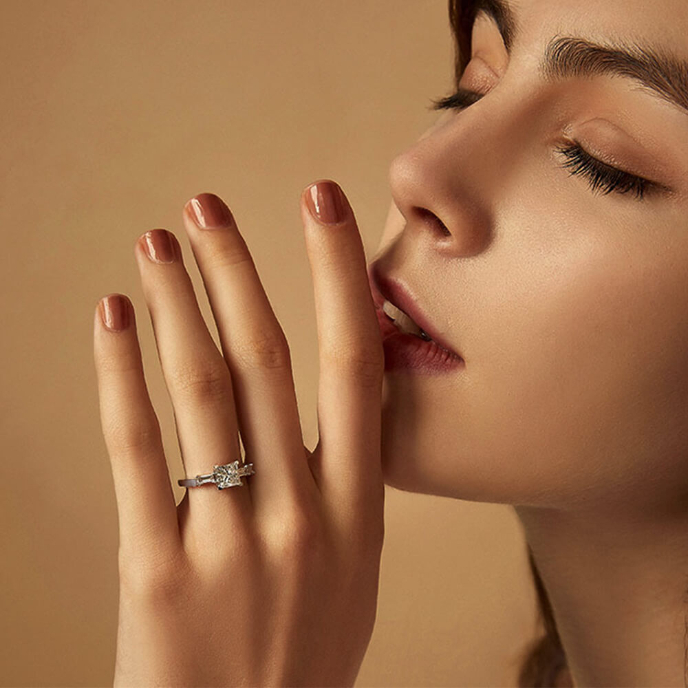 Three Stone Princess And Baguette Moissanite Engagement Ring