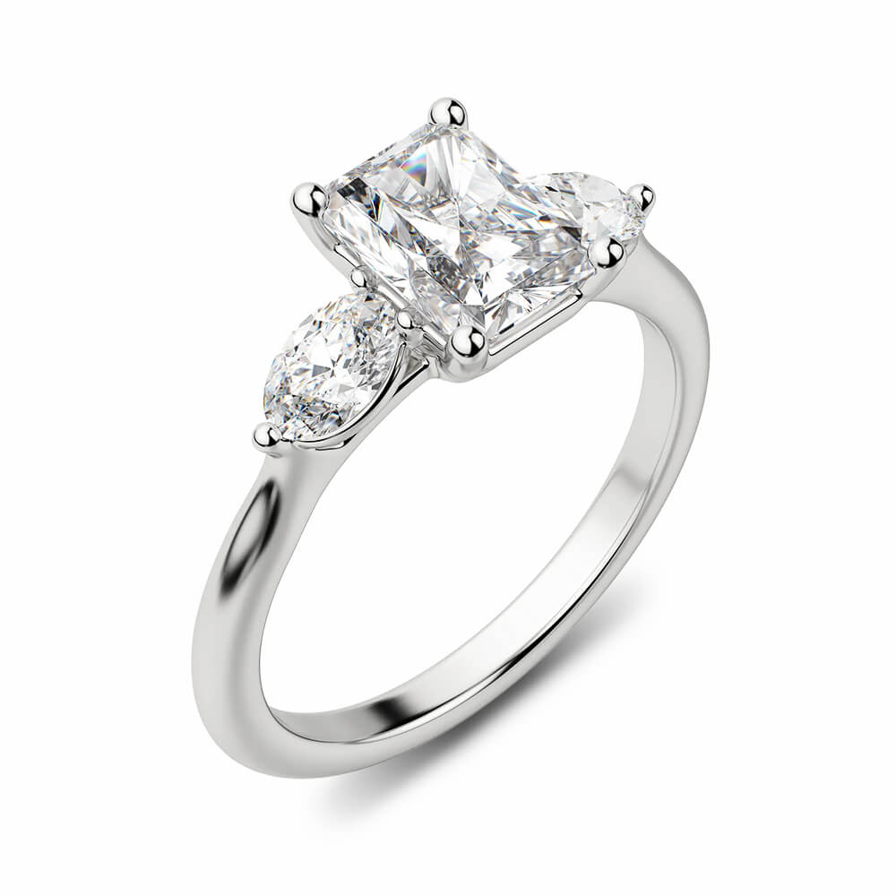 Three Stone Radiant-Cut Moissanite Oval Side Stone Engagement Ring