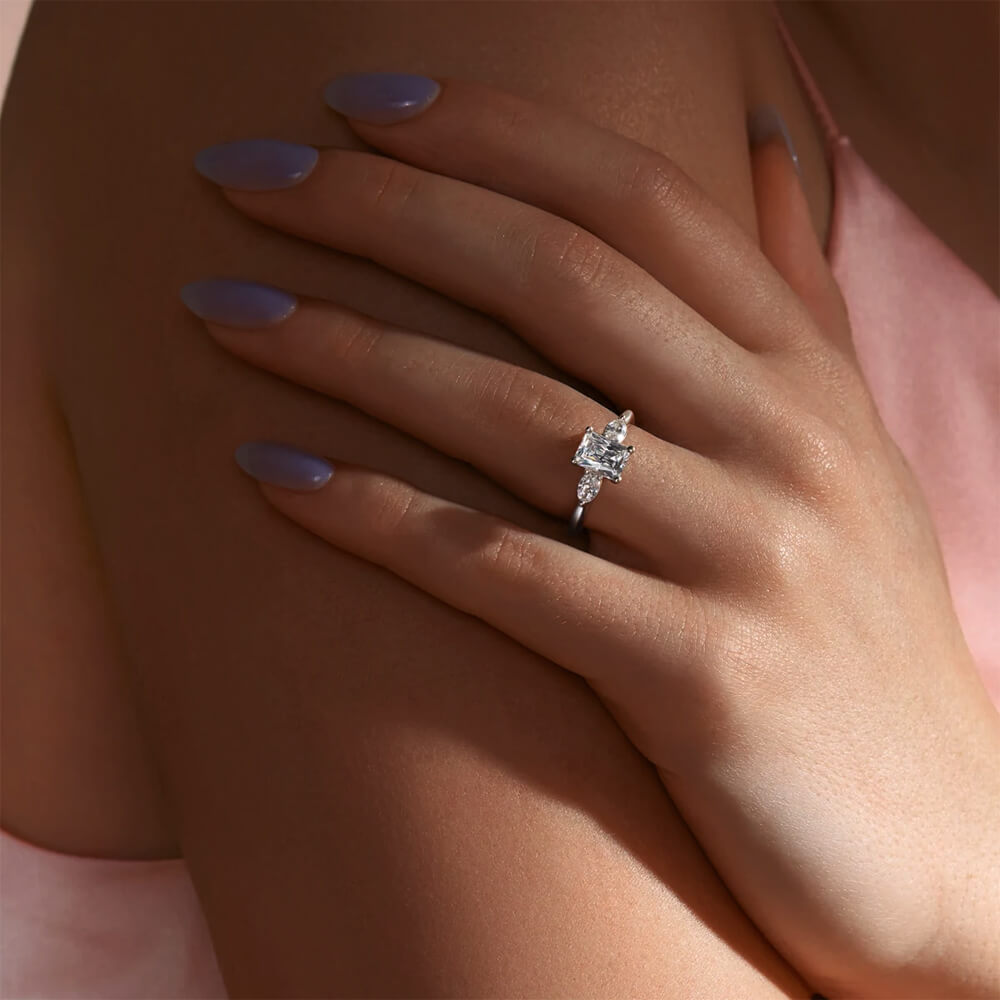 Three Stone Radiant-Cut Moissanite Oval Side Stone Engagement Ring