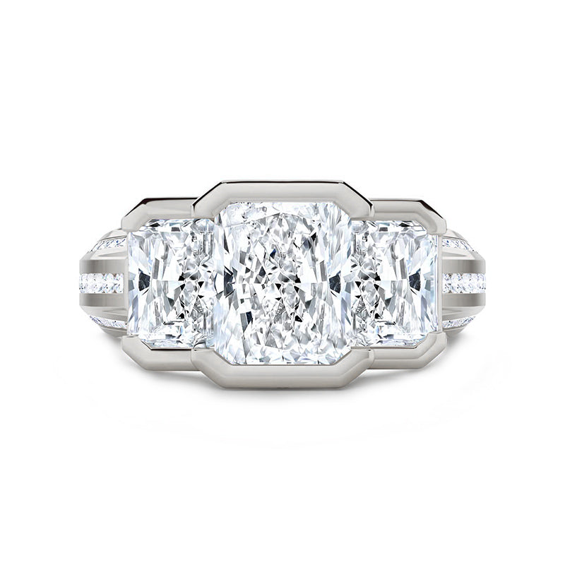 Three Stone Radiant Moissanite Staircase Channel Set Euro Engagement Ring