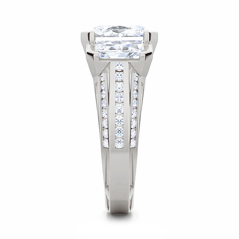 Three Stone Radiant Moissanite Staircase Channel Set Euro Engagement Ring