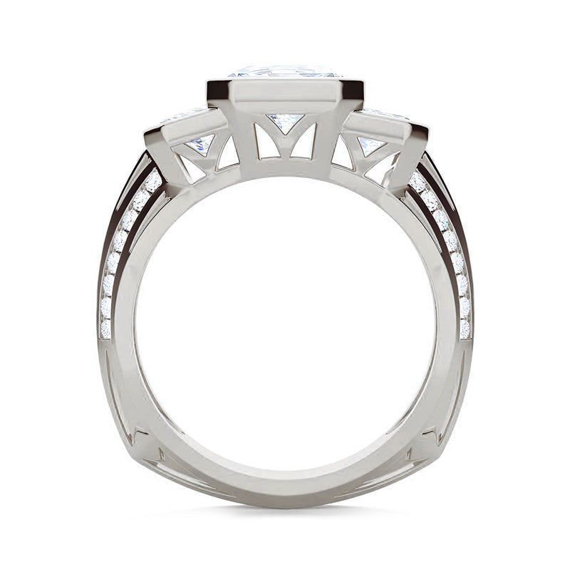 Three Stone Radiant Moissanite Staircase Channel Set Euro Engagement Ring