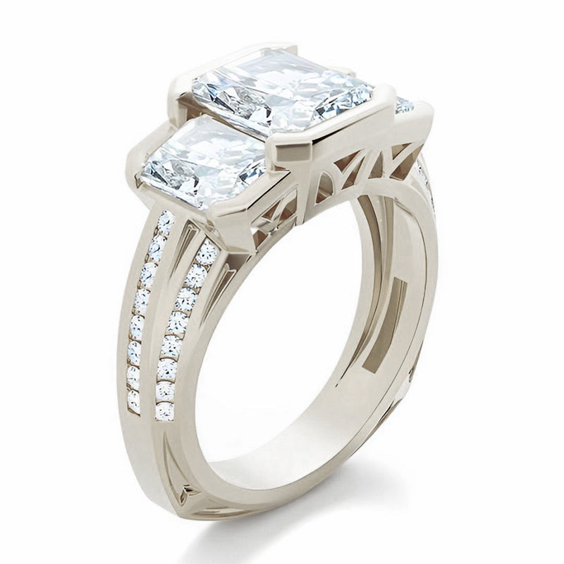 Three Stone Radiant Moissanite Staircase Channel Set Euro Engagement Ring