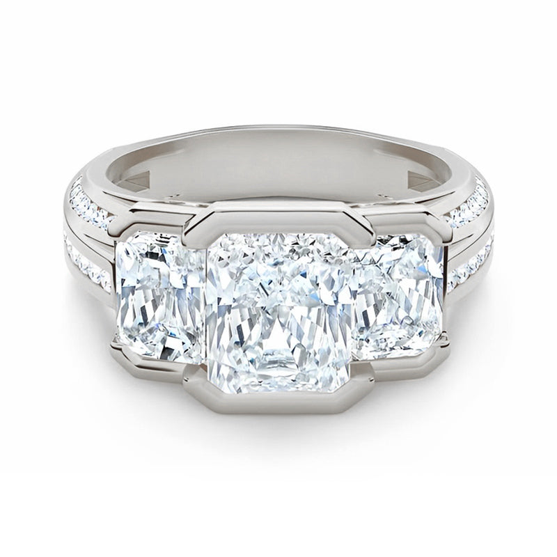 Three Stone Radiant Moissanite Staircase Channel Set Euro Engagement Ring