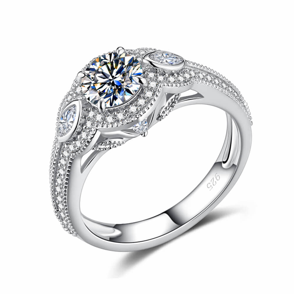 Three Stone Round And Marquise Moissanite Pave Ring Bridal Set