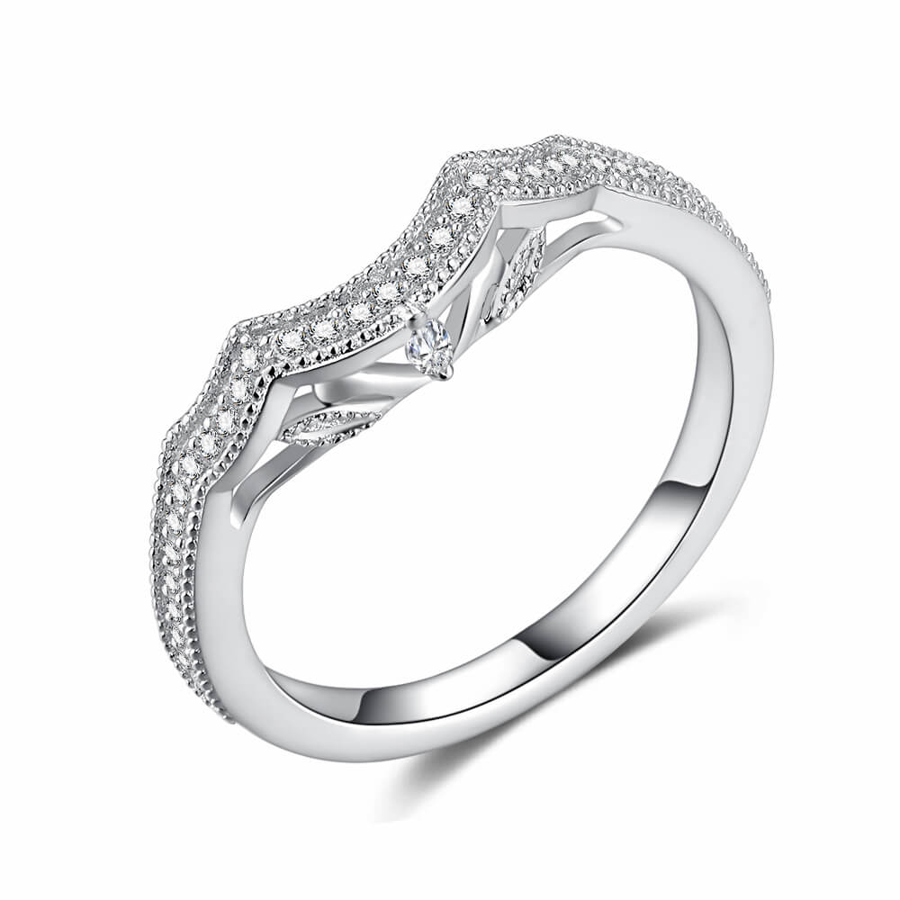 Three Stone Round And Marquise Moissanite Pave Ring Bridal Set