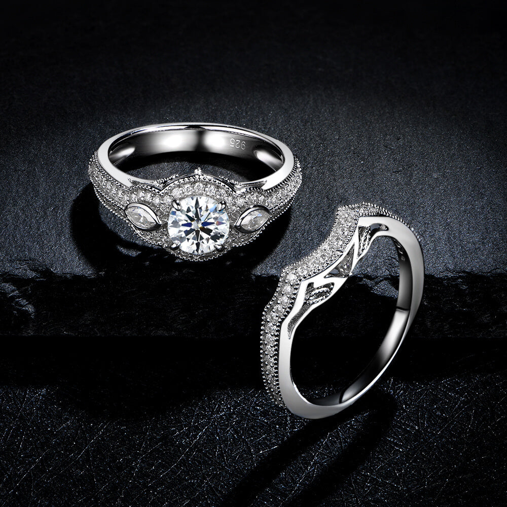 Three Stone Round And Marquise Moissanite Pave Ring Bridal Set