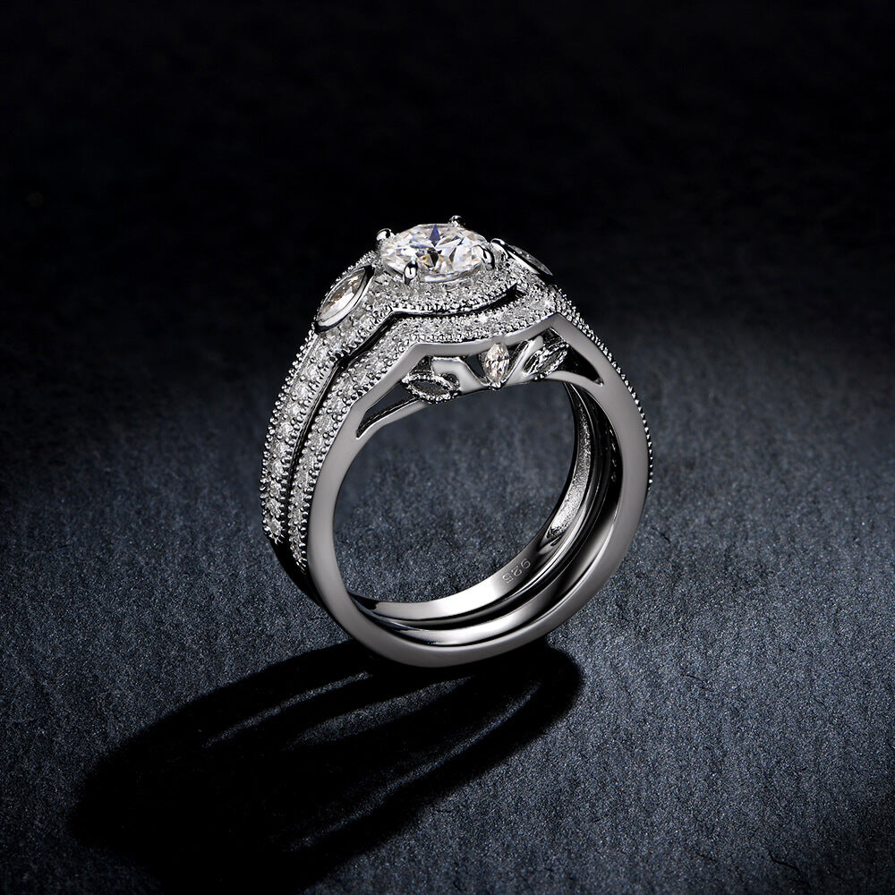 Three Stone Round And Marquise Moissanite Pave Ring Bridal Set