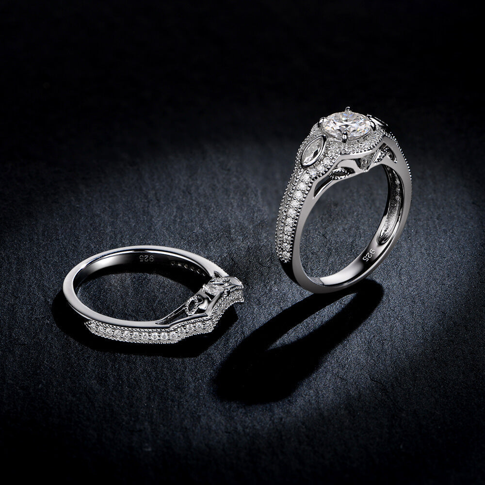 Three Stone Round And Marquise Moissanite Pave Ring Bridal Set