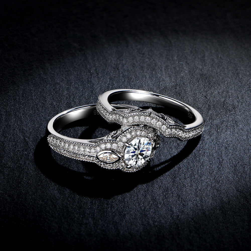 Three Stone Round And Marquise Moissanite Pave Ring Bridal Set