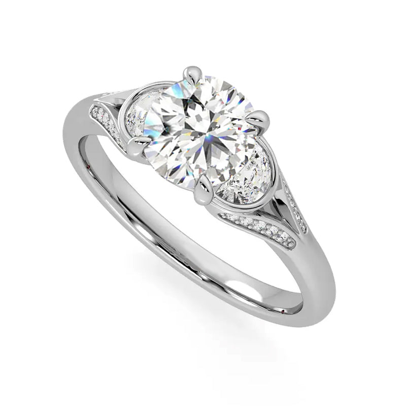 Three Stone Round Moissanite And Half-Moon Accents Engagement Ring