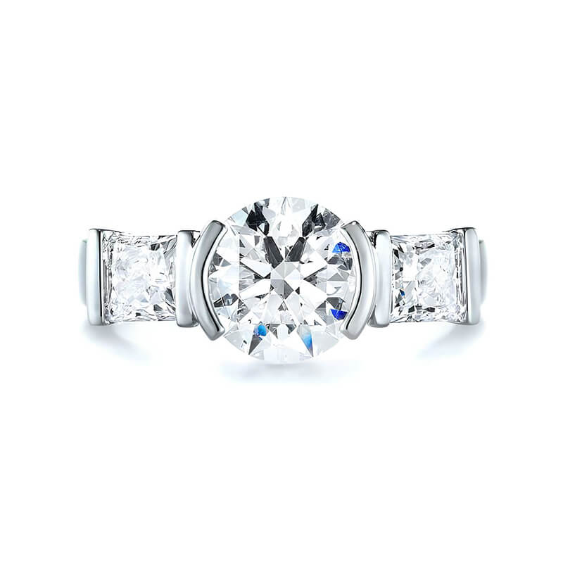 Three Stone Round Moissanite And Princess Sapphire Half Bezel Engagement Ring