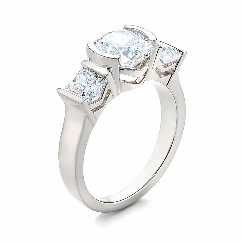 Three Stone Round Moissanite And Princess Sapphire Half Bezel Engagement Ring