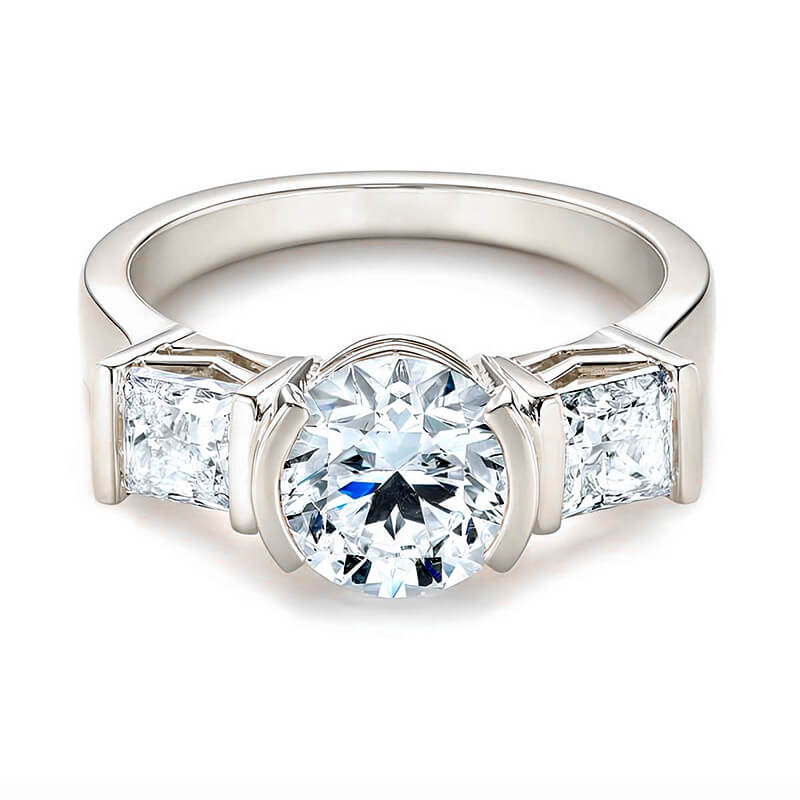 Three Stone Round Moissanite And Princess Sapphire Half Bezel Engagement Ring
