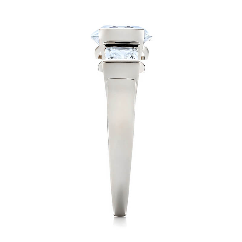Three Stone Round Moissanite And Princess Sapphire Half Bezel Engagement Ring