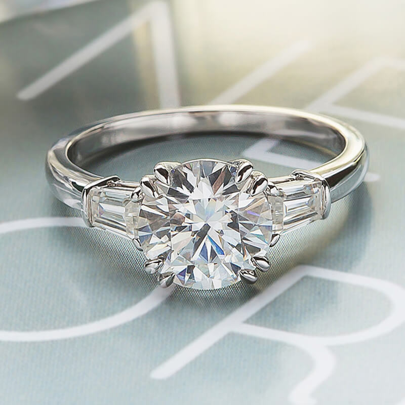 Three Stone Round Moissanite Tapered Baguette Engagement Ring
