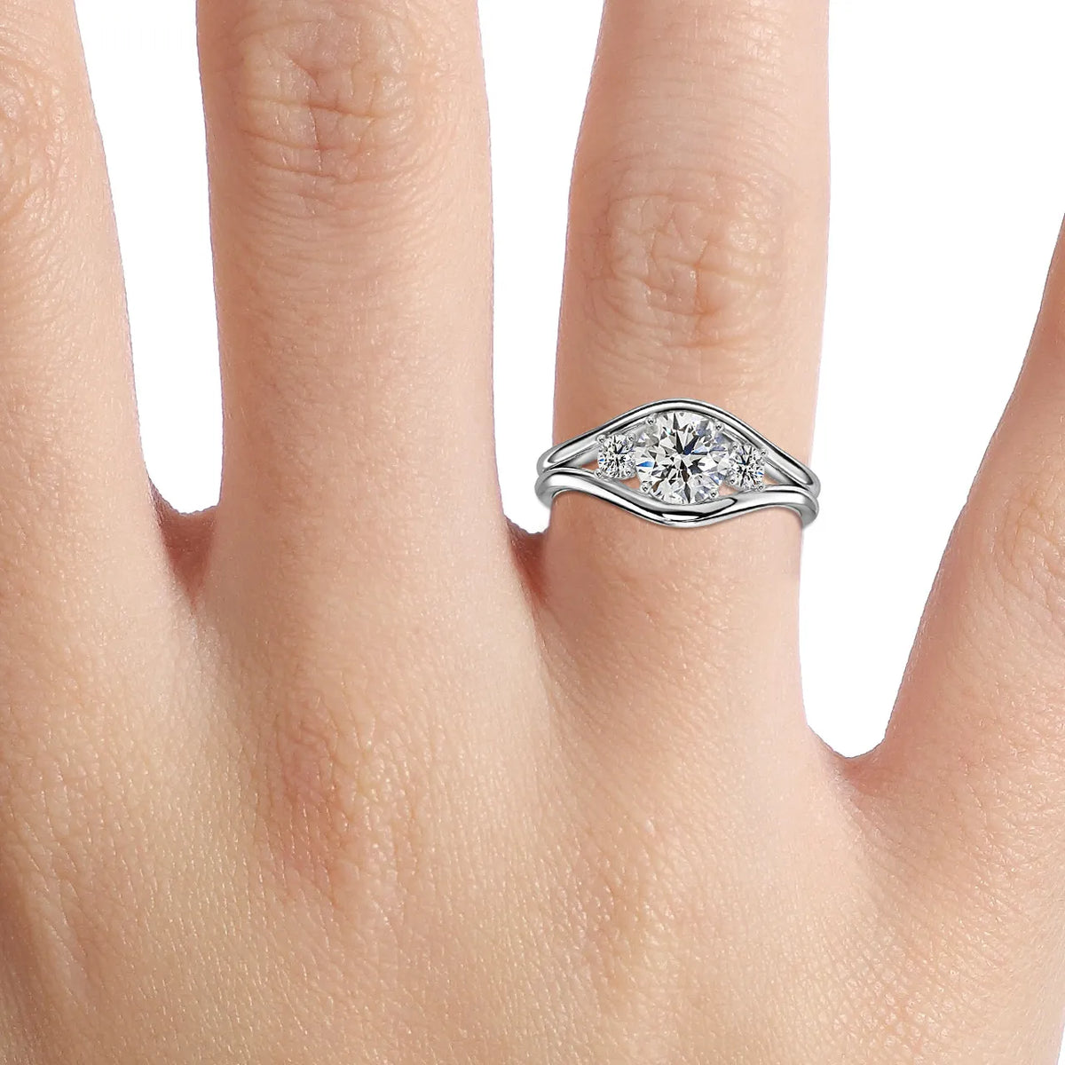 Three Stone Moissanite Split Shank Engagement Ring
