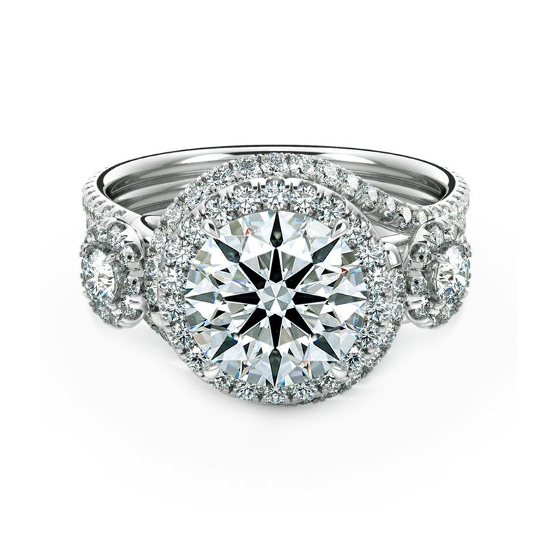 Three Stone Swirl Halo Moissanite Triple Pave Engagement Ring