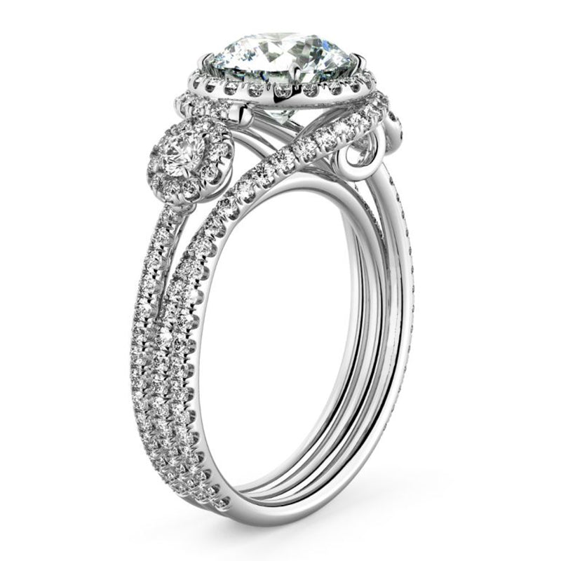 Three Stone Swirl Halo Moissanite Triple Pave Engagement Ring