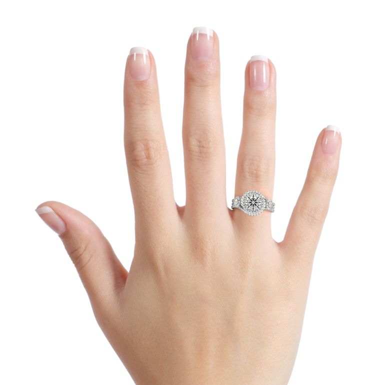 Three Stone Swirl Halo Moissanite Triple Pave Engagement Ring