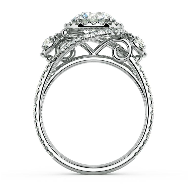 Three Stone Swirl Halo Moissanite Triple Pave Engagement Ring