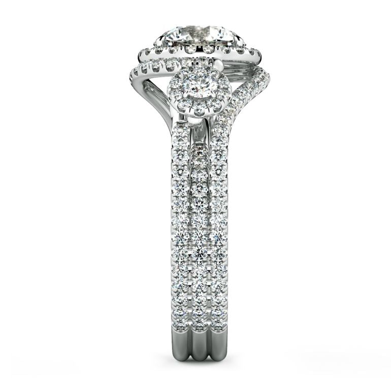 Three Stone Swirl Halo Moissanite Triple Pave Engagement Ring