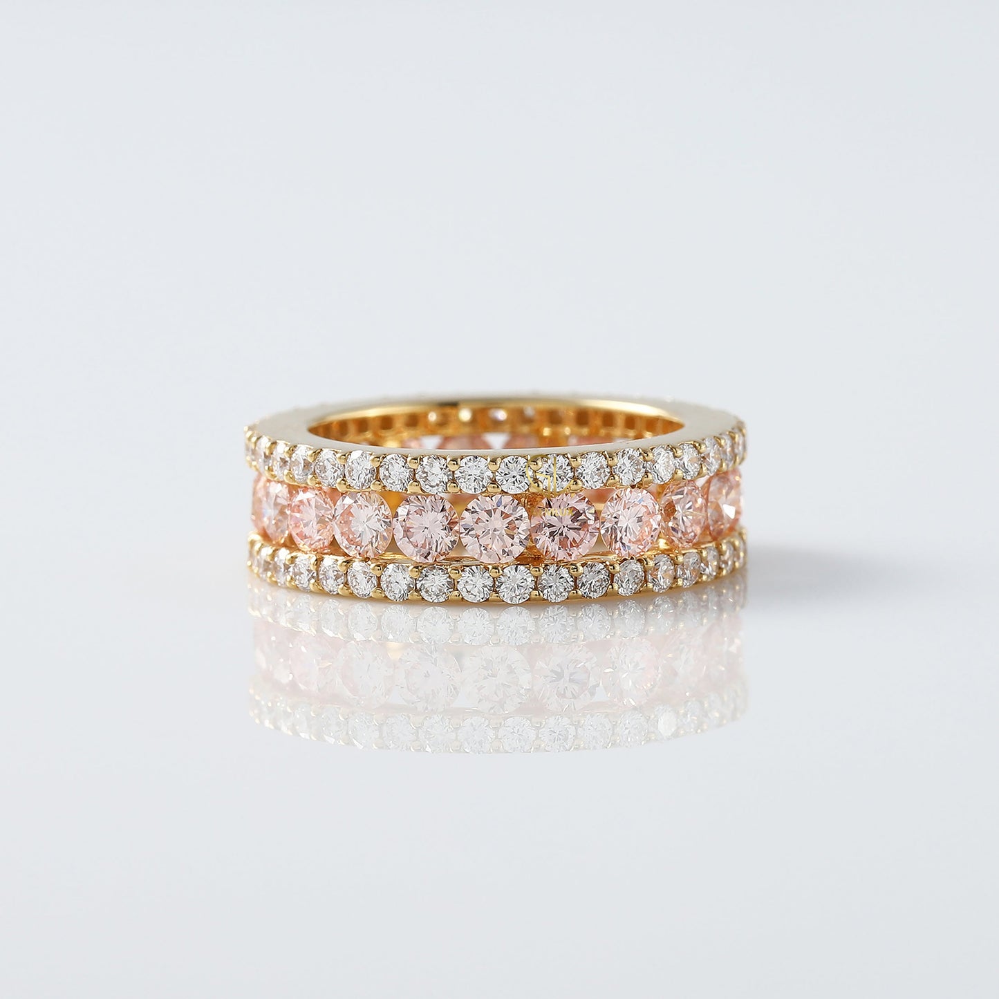 Three Row Pink & White Lab Grown Eternity Wedding Band