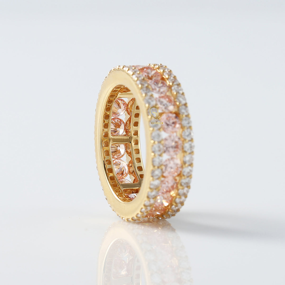 Three Row Pink & White Lab Grown Eternity Wedding Band