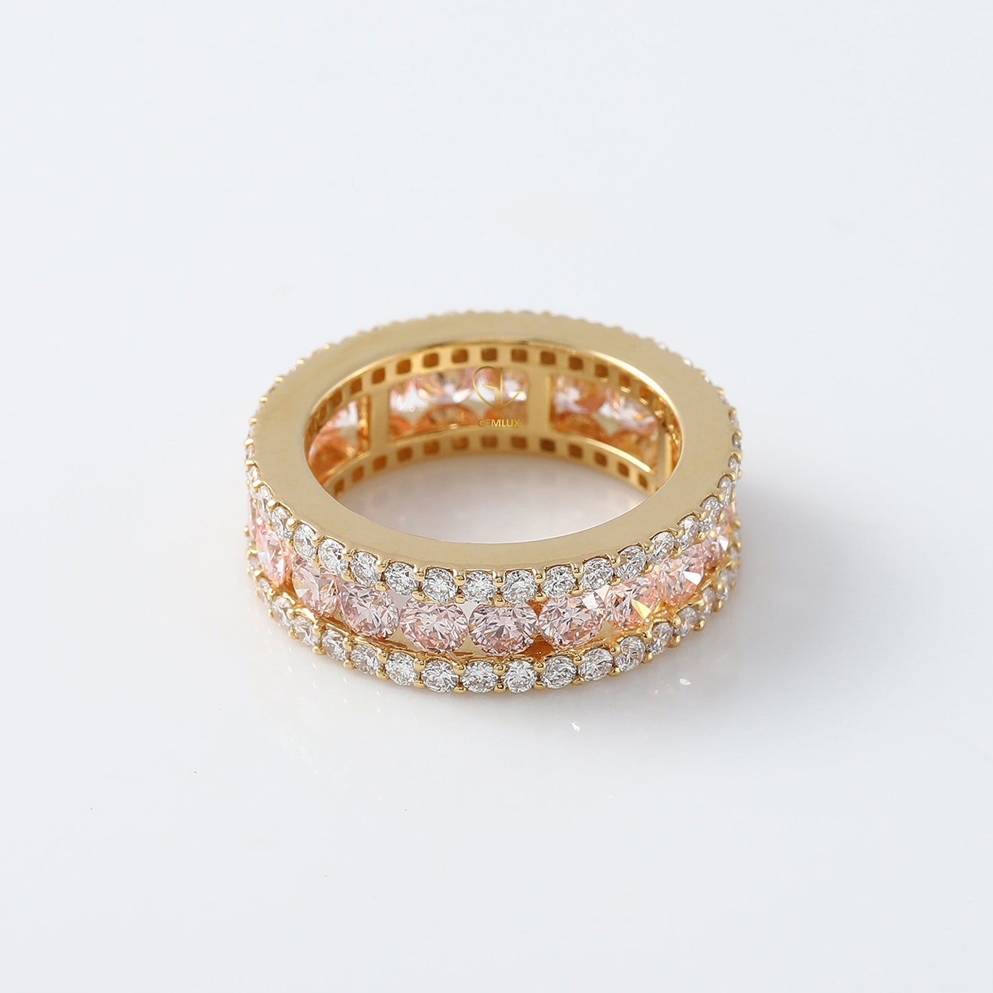 Three Row Pink & White Lab Grown Eternity Wedding Band