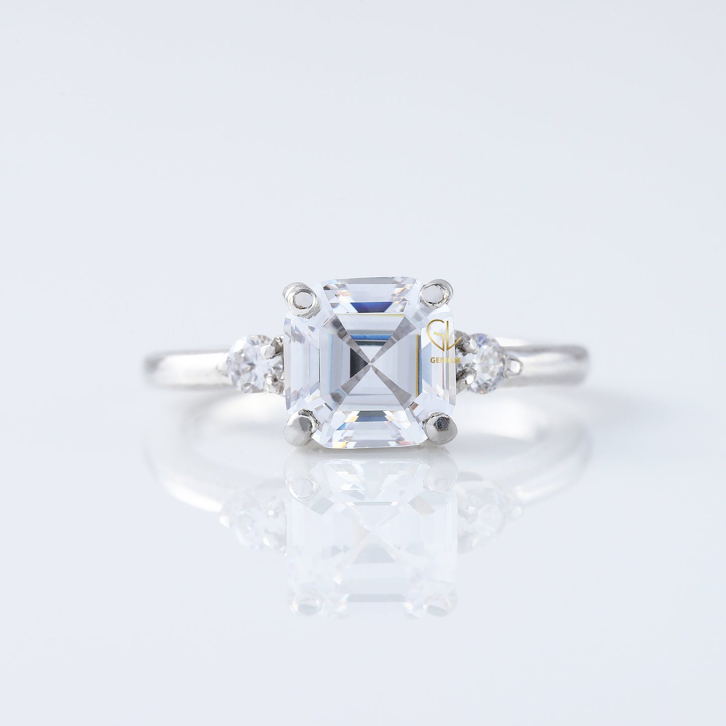 Three Stone 1.5 Ct Asscher Cut Moissanite Trilogy Engagement Ring