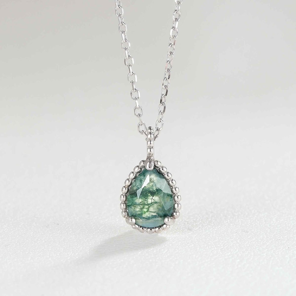 Timeless Pear Cut Moss Agate Silver Pendant