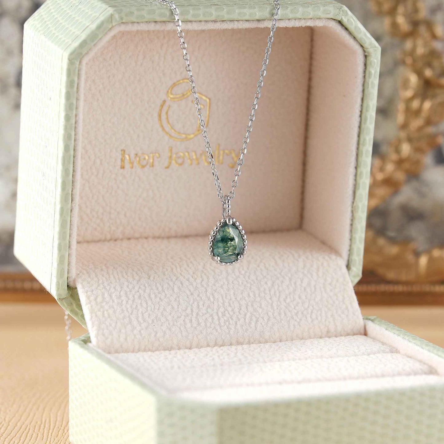 Timeless Pear Cut Moss Agate Silver Pendant