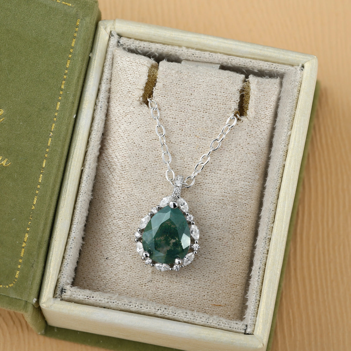 Timeless Pear Cut Moss Agate Sterling Silver Necklace - Ready to Ship