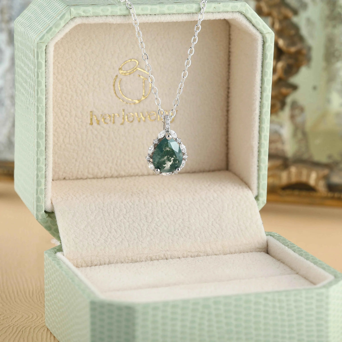 Timeless Pear Cut Moss Agate Sterling Silver Necklace - Ready to Ship