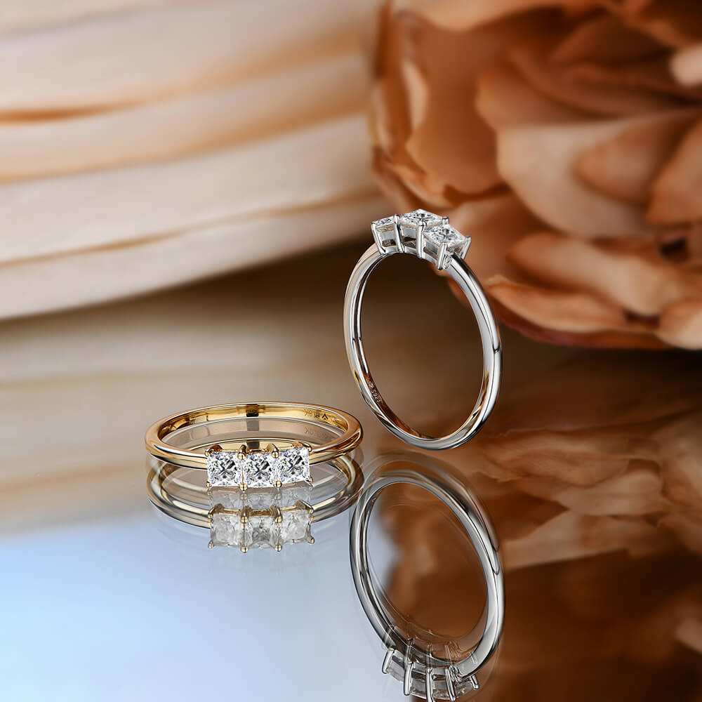 Tiny Three Stone Princess Moissanite Thin Engagement Ring