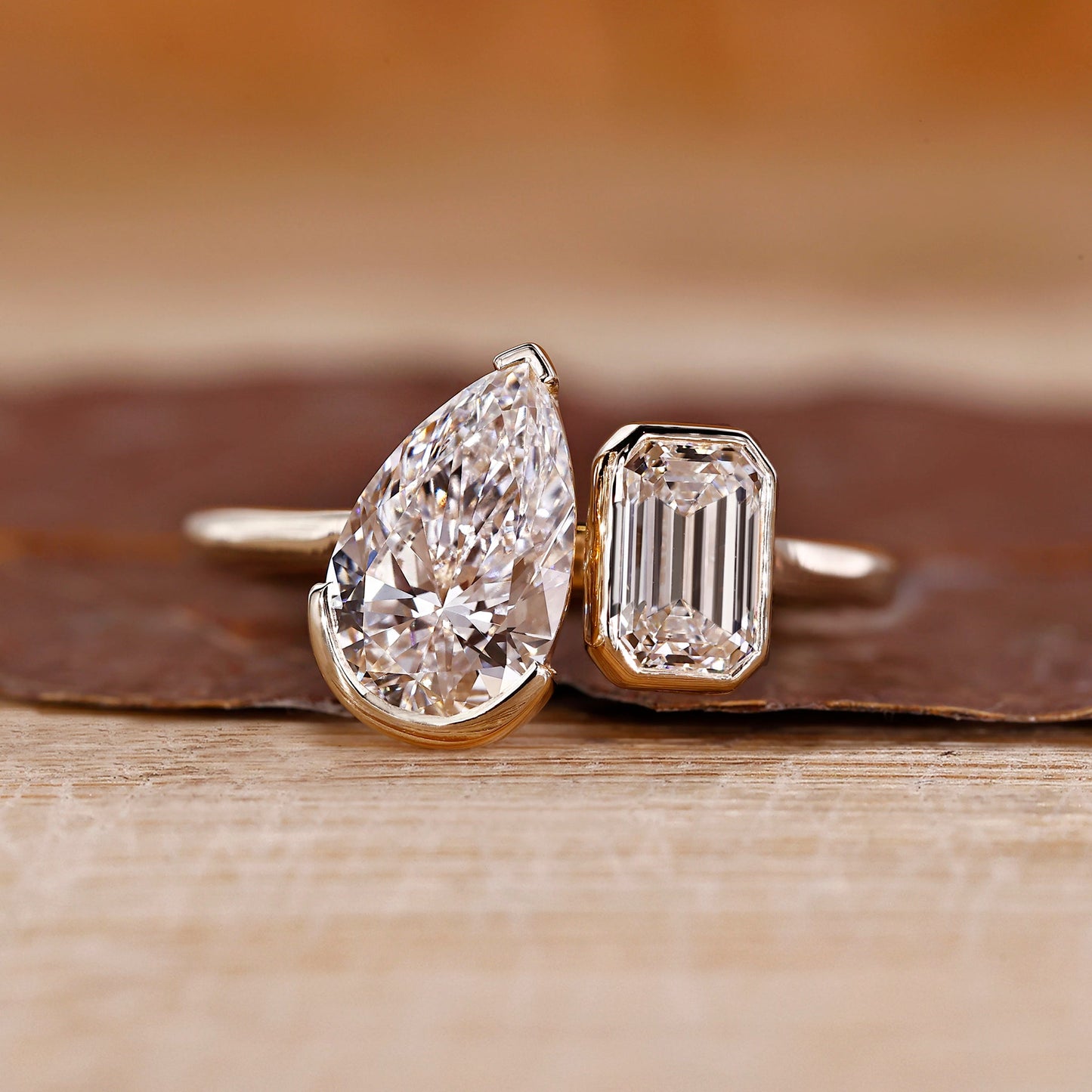 Bezel Set Pear and Emerald Diamond Toi Et Moi Engagement Ring
