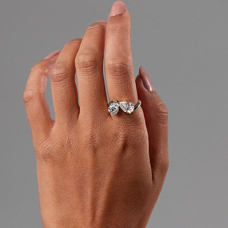 Toi Et Moi Two Stone Pear And Round Cut Moissanite Curved Engagement Ring