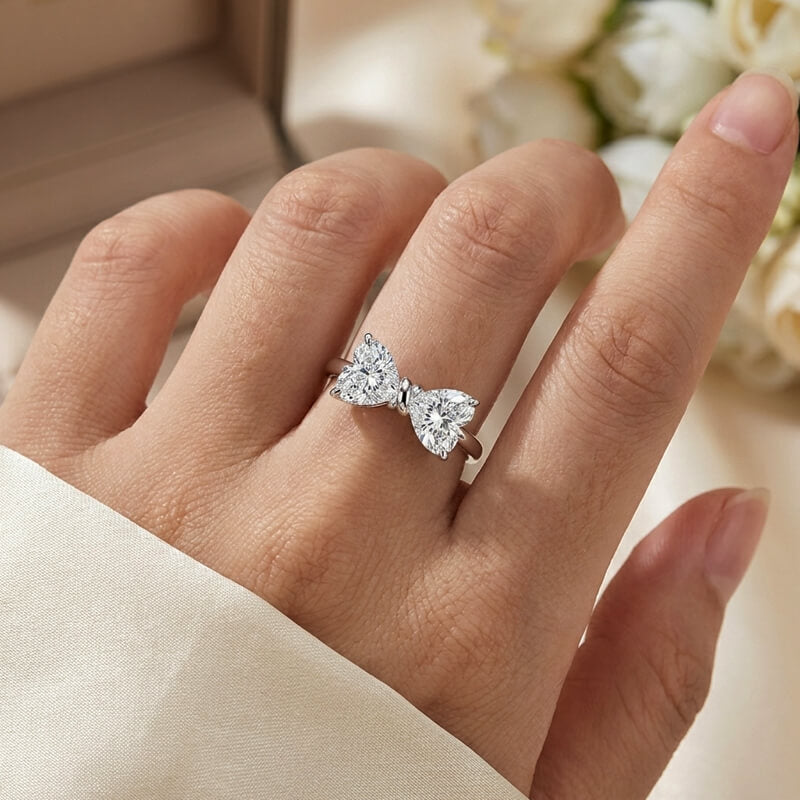 Toi et Moi Double Heart Cut Moissanite Bow Engagement Ring