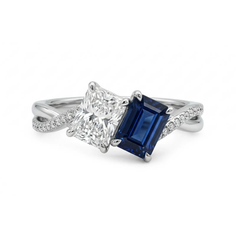 Toi et Moi Radiant Cut Moissanite & Sapphire Twisted Engagement Ring