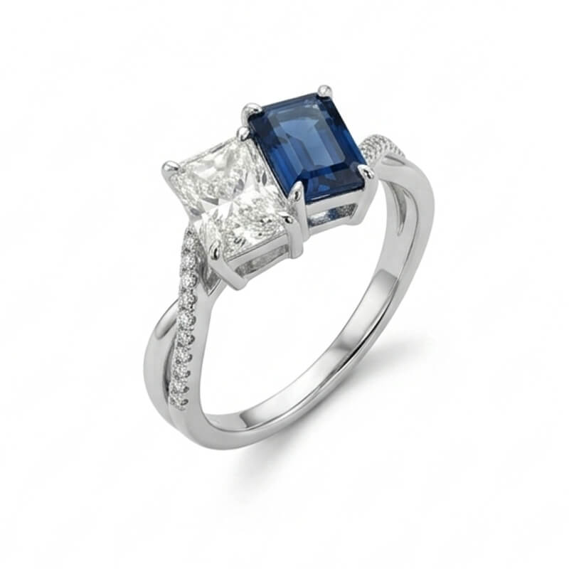 Toi et Moi Radiant Cut Moissanite & Sapphire Twisted Engagement Ring