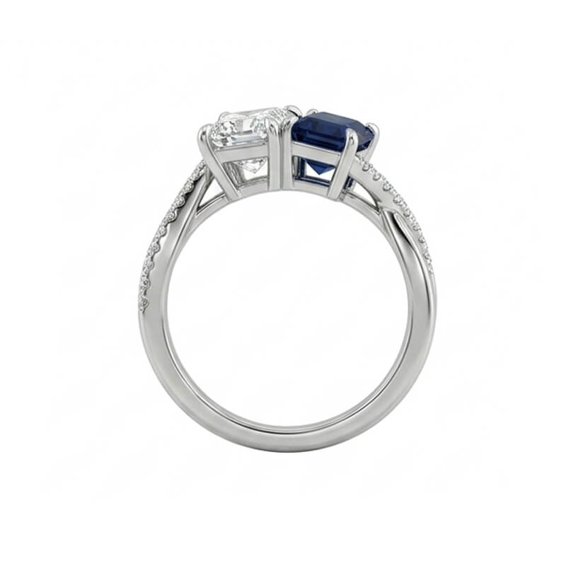 Toi et Moi Radiant Cut Moissanite & Sapphire Twisted Engagement Ring