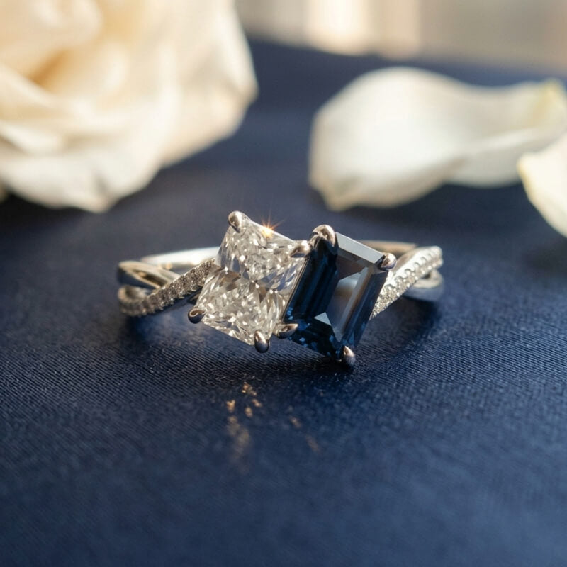 Toi et Moi Radiant Cut Moissanite & Sapphire Twisted Engagement Ring