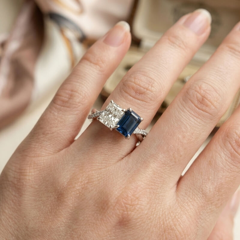 Toi et Moi Radiant Cut Moissanite & Sapphire Twisted Engagement Ring