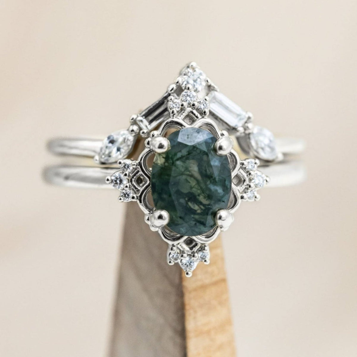 "Treva" - Oval Cut Moss Agate Engagement Ring With Diamond Accents & "Melody" Tracer