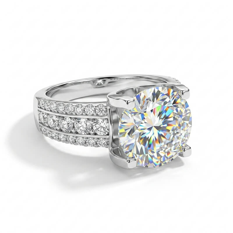 Triple-Row Pave Wide Shank Round Moissanite Engagement Ring